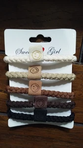 Süße Mädchen Marke Pferdeschwanz Haargummis Seil Look Smiley Gesicht Leder Etikett 5er Set - Bild 1 von 3