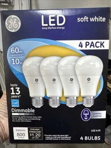 GE 67615 10W A19 LED Dimmable Light Bulb – Soft White – 4-Pack – New - Picture 1 of 2