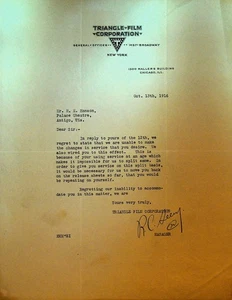 Triangle Film Corporation Letterhead October 13 1916 Antigo Wi Palace Theatre - Picture 1 of 1