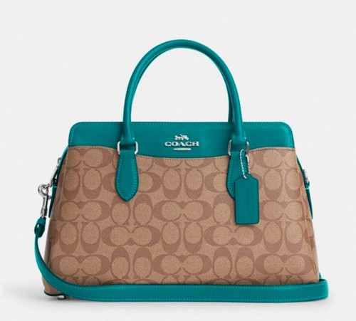 Borsa a tracolla Coach Darcie in pelle di tela firmata cachi azzurro CH488 nuova con etichette