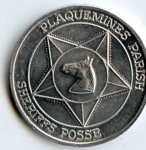 Mardi Gras Doubloon: Sheriffs Posse Plaquemines 1973 aluminio - Imagen 1 de 2