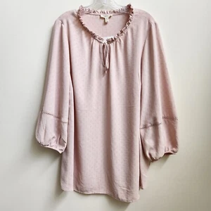Como Blu Pink Long Bell Sleeve Ruffled Tunic Top Blouse Size 1X Womens Front Tie - Picture 1 of 12