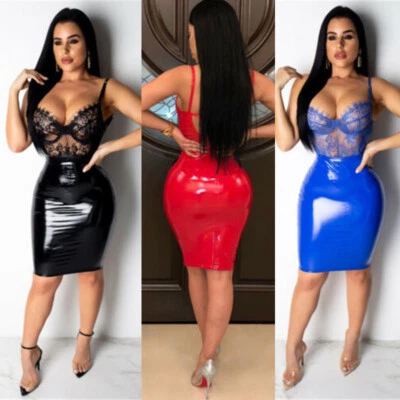 Party Bodycon PU Leather Deep V Dress Mini Dress Wet Women's Lace Look Clubwear - image 1 of 4