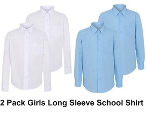 2x Mädchen Schulbluse Langarmshirt weiß blau Uniform Oberteil 3-16 Jahre 38"-48" - Bild 1 von 3