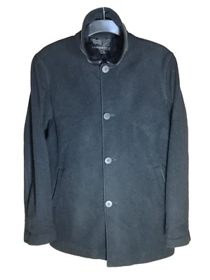 KENNETH COLE MENS BLACK WOOL CASHMERE BLEND OVERCOAT JACKET LAMSKIN TRIM SIZE L - Image 1 of 4