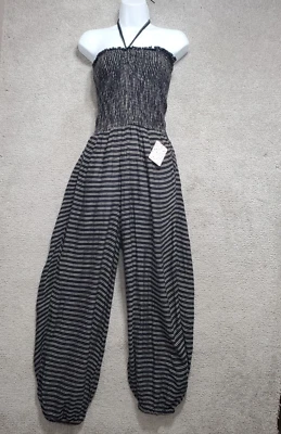 Free People Halter Jumpsuit Women's Medium Black White Striped Smocked Balloon - Image 1 of 4