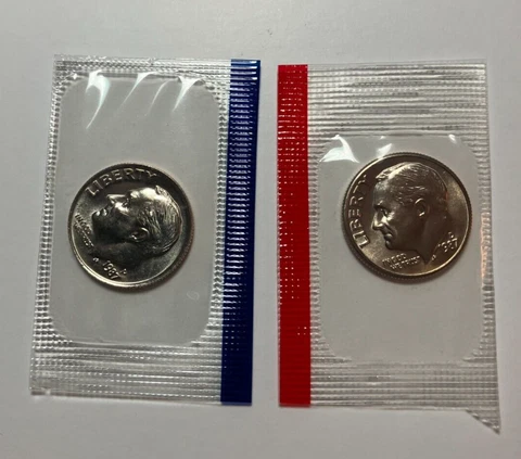 1987 P and D Roosevelt Dimes - Uncirculated in Mint cello Cover