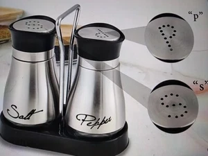 GLASSALZ & PFEFFER im Halter SILBER/SILBER 4oz TÖPFE Shaker Set Metall Top Neu  - Bild 1 von 5