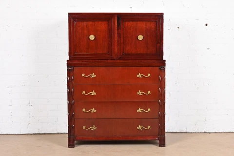 John Stuart French Regency Louis XVI Carved Mahogany Highboy Dresser, Circa 1940 Cover