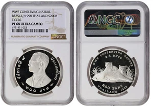 THAILAND 200 Baht BE 2541/1998 'World Wildlife Fund - Tigers' Rama IX NGC PF68UC - Picture 1 of 3