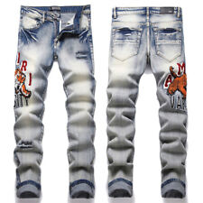 Tigger Embroidery Men Jeans Stretch Slim Pants Skinny Jeans Ripped Pants Denim