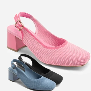 Women Slingback Pump Shoes Low Chunky Heel Square Toe Slip On Pump Shoes - Picture 1 of 33