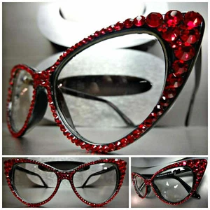 Damen VINTAGE RETRO CAT EYE Stil klare Linse AUGE BRILLE rote Kristalle handgefertigt - Bild 1 von 10