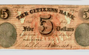 $5 "CITIZENS BANK" (MASSACHUSETTS) 1800'S $5 "CITIZENS BANK" RARE NOTE!!!! $5 - Picture 1 of 3