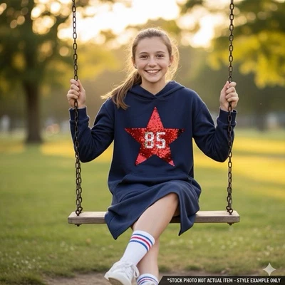 Vestido Tommy Hilfiger Niñas Azul Marino Con Capucha Lentejuelas Estrella 12/14 Foto 1 de 4