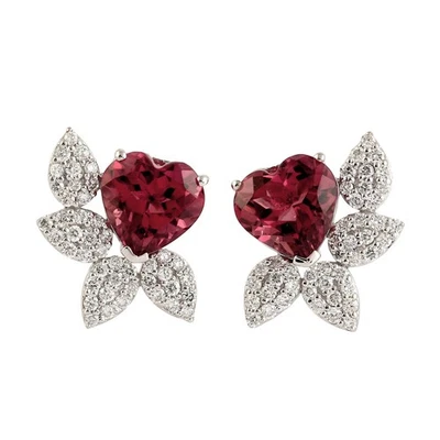Aretes de turmalina rosa con forma de corazón de diamantes naturales de oro blanco de 18k para mujer Foto 1 de 4