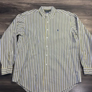 Vintage Polo Ralph Lauren Blue Yellow & White  Striped Button Down Shirt Large - Picture 1 of 8