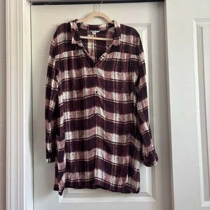 Garnet Hill Damen Tunika Popover Top Gr. 14 kariert Krepp burgunderrot modern - Bild 1 von 12