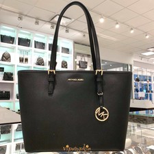 MICHAEL KORS JET SET TRAVEL MEDIUM CARRYALL TOTE LEATHER BAG BLACK   