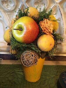 Vintage Small Apple Topiary With Painted Yellow Wood Base Product Of India 10”