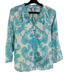 Lilly Pulitzers Elsa Silk Top Size Small Blue Crab Print Poolside EUC - Imagen 1 de 4