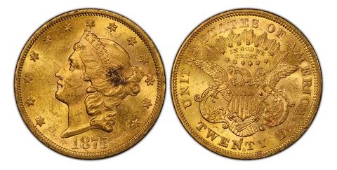 1875-S AV $20, Double Eagle. PCGS MS60.San Francisco Coronet IGWT KM 74.2 Cover