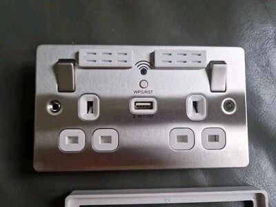 Brushed Steel Twin Socket 13A Wifi Extending 2.1A USB WPS - Image 1 of 4