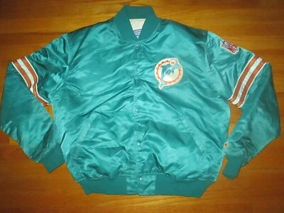 Miami Dolphins Años 80 De Colección Años 90 HECHA EN EE. UU. Chaqueta de Inicio Jersey Satinado Marino Era XL Foto 1 de 4
