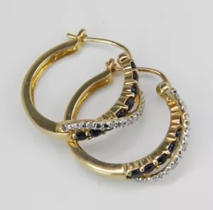 2 Karat runde Labor erstellt blaue Saphirreifen Ohrringe 14k gelb vergoldet versilbert - Bild 1 von 6
