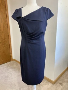 Tahari Arthur S. Levine Navy Blue Cap Sleeve Midi Sheath Dress Women Size 10P - Picture 1 of 13