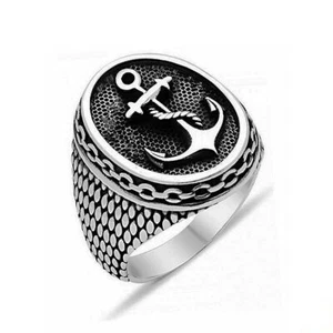 3D Naval Anchor Ring Oval Stainless Steel for Men Hip Hop Vintage Silver color - Picture 1 of 8