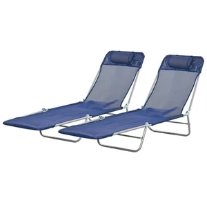 Folding Loungers Pool Beach Reclining Chaise W/ Back Headrest- Blue, Set Of 2 - Picture 1 of 9