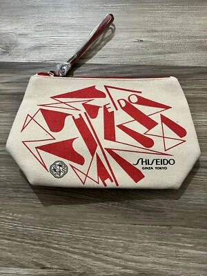 NEW - SHISEIDO CANVAS MAKEUP BAG Beige/Red STORAGE BAG  - Image 1 of 2