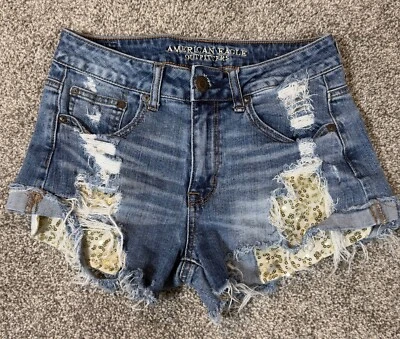 AMERICAN EAGLE High Rise Festival Sequin Pockets Jean Shorts Sz 4 Stretch Denim - Image 1 of 4
