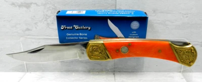 FROST CUTLERY 5" Closed "BEAR CLAW" Genuine Bone Handles Embossed Brass NEW - Image 1 of 3