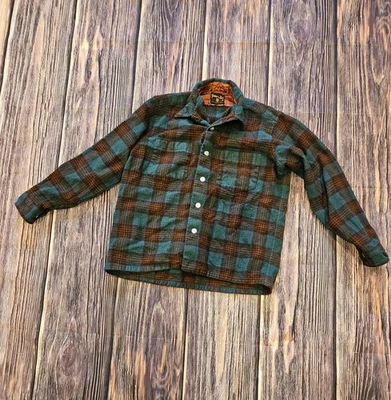 Vintage Game & Lake Wool Flannel Shirt L Green Brown Plaid Grunge Workwear USA - Image 1 of 4