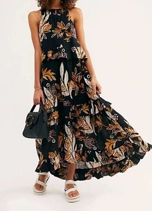 Free People Maxikleid Anita Stufen Rüschen Baumwolle bedruckt Gr. L schwarz bunt - Bild 1 von 16
