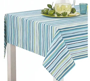 Summer Stripe Blue and Green Indoor Outdoor Fabric Tablecloth 60" x 84" - Picture 1 of 2