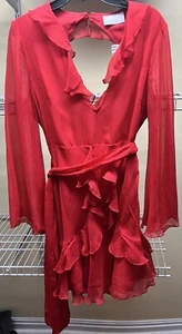 ASOS Design Red Long Sleeve Ruffled V-Neck Tie Mini Dress Women's US Size 10 New - Picture 1 of 12