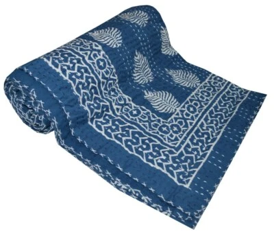 Colcha azul Kantha estampa bloco Gudri feita à mão colchas de solteiro jogar Ralli - Imagem 1 de 4