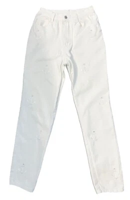 JORDACHE Skinny White Denim Jean Pants Embroidered ANCHOR Womens 6 Length 31 - Image 1 of 4