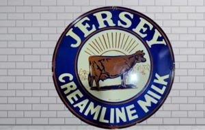 Jersey Cream Milk Rare Porcelain Enamel Heavy Metal 30 inches Double Side - Picture 1 of 2