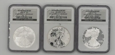 2006 Silver Eagle 20th Anniversary 3-Coin Set NGC 70 Black Label - Image 1 of 4