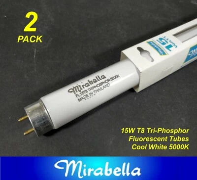 2 x 15W T8 Fluorescent Tubes Lamps 5000K Cool White 450mm 1.5 foot Mirabella - Image 1 of 2