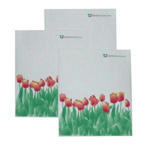 Schwedisches Geschirrtuch 3er Set je schwedische Geschirrtücher mit orangen Tulpen Design - Bild 1 von 6