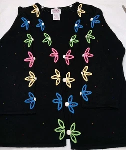 PBJ Sport Damen schwarz Baumwollmischung Blumen bestickt Cardigan Pullover XL - Bild 1 von 8
