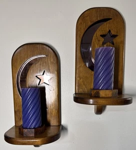 Vintage Holz Witchy Star Mond Kerzenleuchter 60er-80er selten lila reflektierend Hippie - Bild 1 von 11