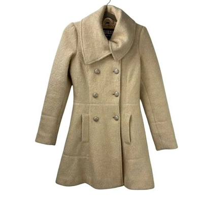 Vintage Guess Women's S Peacoat Cream Wool Blend Double Breasted Fit Flare Coat - Image 1 of 4
