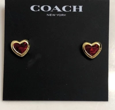 Coach Gold Tone & Red Crystal Heart Shaped Stud Earrings Logo Accent NWT - Image 1 of 4