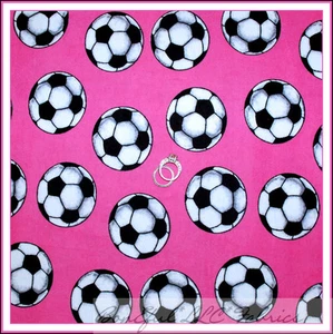 BonEful Fabric FQ Flannel Pink GIRL SOCCER BALL Sport B&W Black White Dot Cotton - Picture 1 of 6